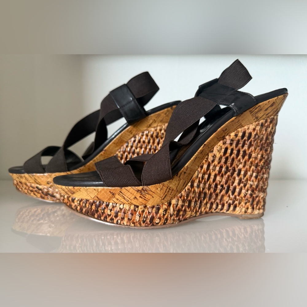 SIZE 8.5 - PLATFORM RATTAN CHOCOLATE BROWN WEDGE ESPADRILLE ANKLE STRAP - BCBG